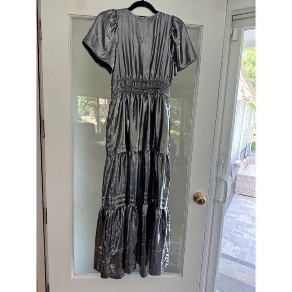 Anthropologie The Somerset Maxi Tiered Dress Metallic Shine Silver Grey Size XS - Picture 5 of 7